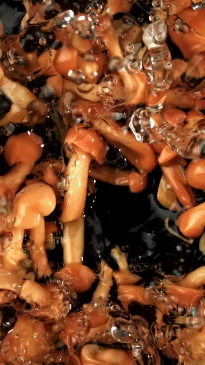 Ferske sopp som plasker ned i klart vann i sakte film