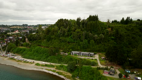 lush hillside and calm lakeside shore, aerial dolly view, puerto varas