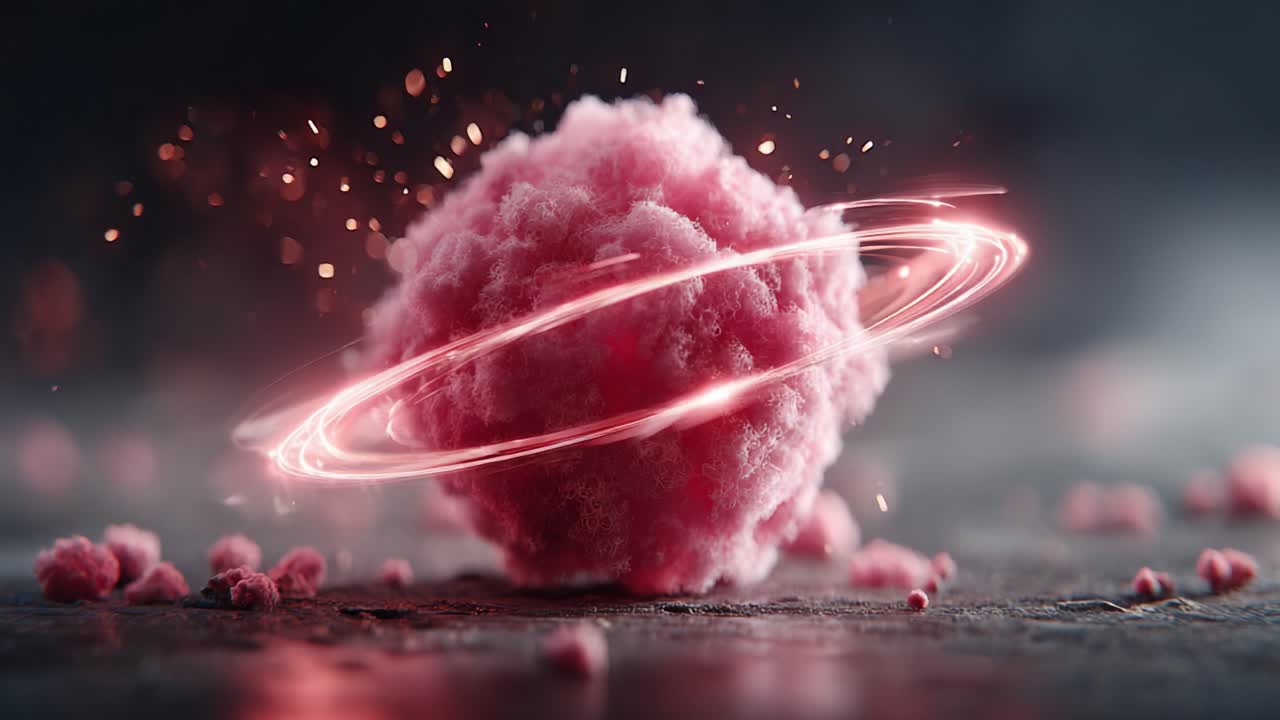 An Abstract Rendering of a Pink Cloud-like Sphere Surrounded by a Glowing Ring of Light, Captured in a Dramatic Lighting Setting with Sparkling Particles