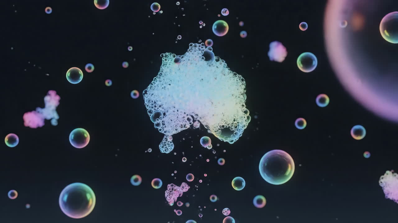 Floating Iridescent Bubbles and Australia-Shaped Foam on Dark Background
