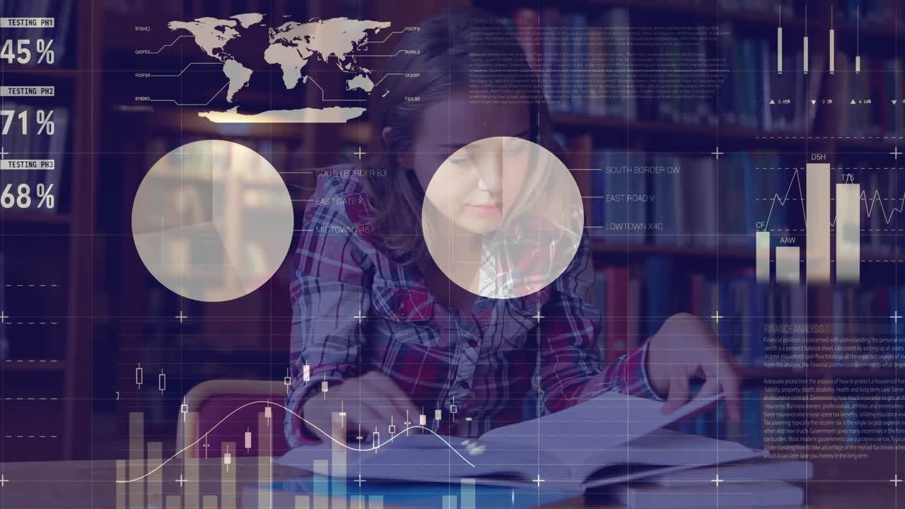 animación del procesamiento de datos financieros sobre estudiante caucásica