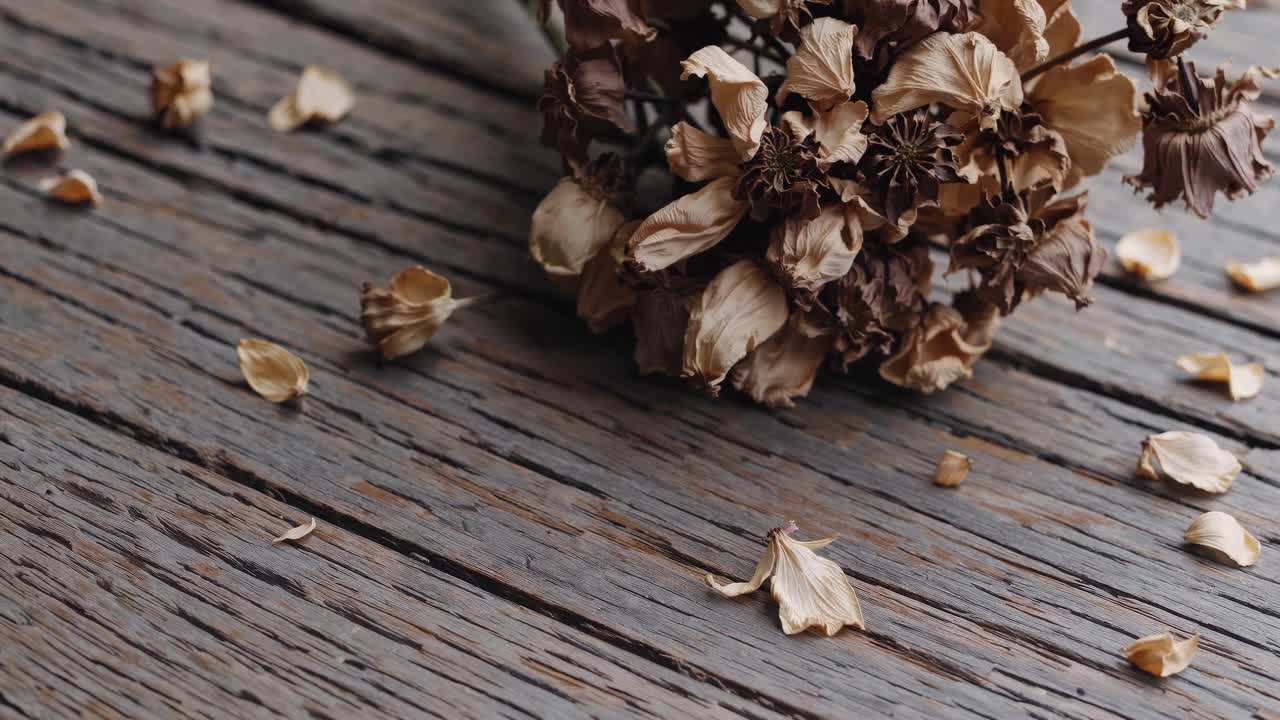 Un fermo immagine rustico di fiori secchi su un tavolo di legno invecchiato