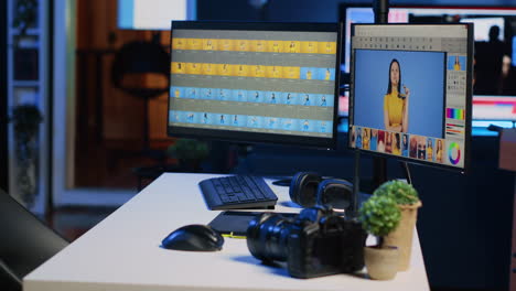 Creative-agency-studio-desk-with-photo-processing-software-on-screens,-graphic-tablet-and-camera