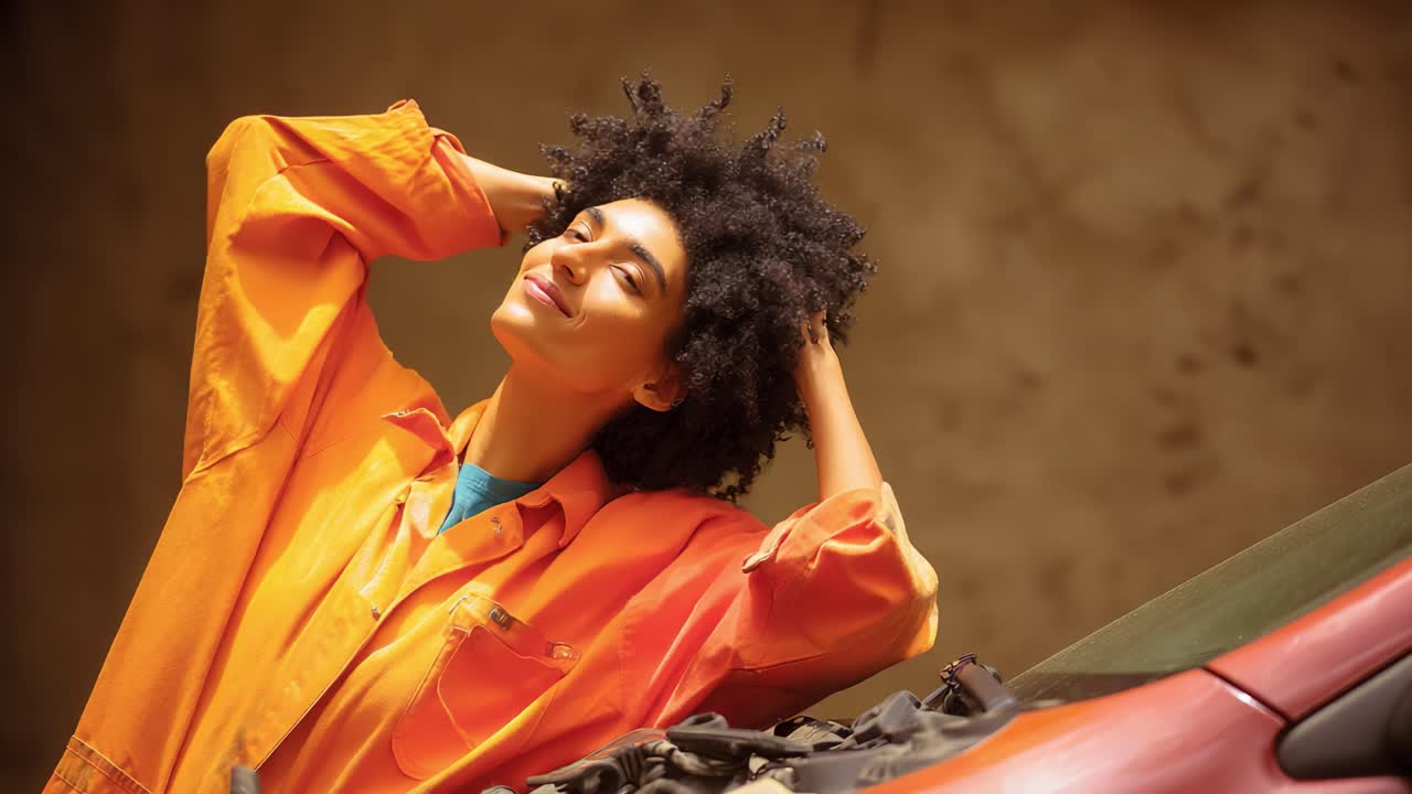 A Confident Automotive Enthusiast in an Orange Mechanic Jumpsuit, Smiling Amidst a Vintage Car, Embracing Her Passion for Mechanics and Empowering Women in Engineering