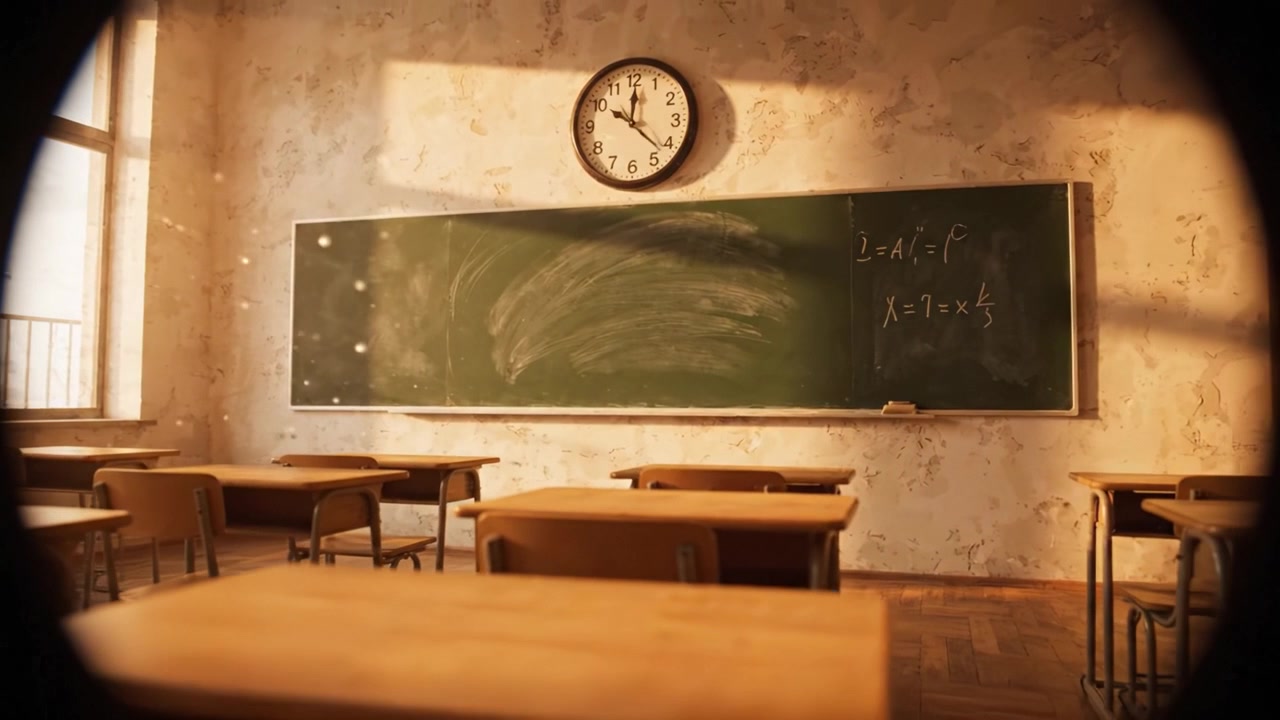Prázdná učebna s lavicemi a černou tabulí osvětlená slunečním světlem, s matematickými vzorci a velkými nástěnnými hodinami ukazujícími plynutí času.