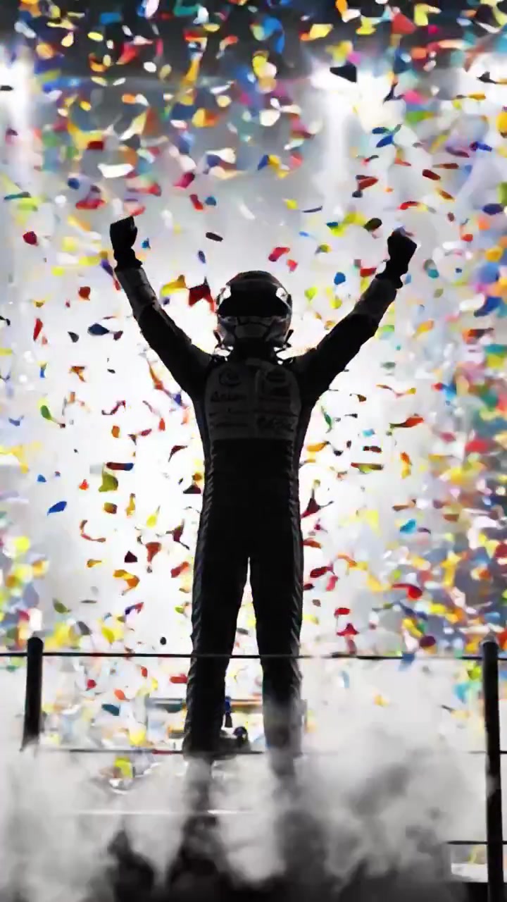 Celebrando la vittoria: un pilota di auto da corsa si erge trionfante in mezzo a una cascata di coriandoli colorati, segnando il culmine di un emozionante evento motoristico.