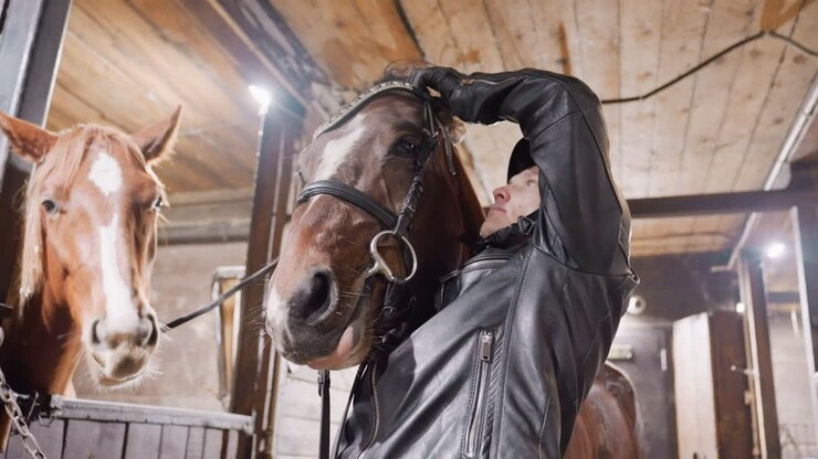 Primo piano di due cavalli in tandem durante la regolazione della briglia, l'istruttore fissa il morso mentre il secondo cavallo si struscia, lezione tattile energica, guanti di pelle, illuminazione a fascio, sfondo del corridoio della stalla, interazione equina giocosa.