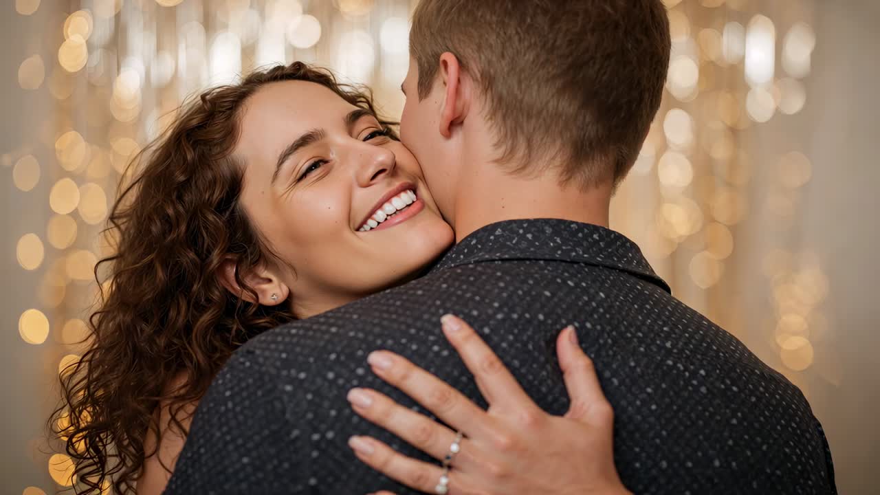 Embracing couple responding to warm bokeh, sharing gentle hug showing ring, studs, patterned jacket