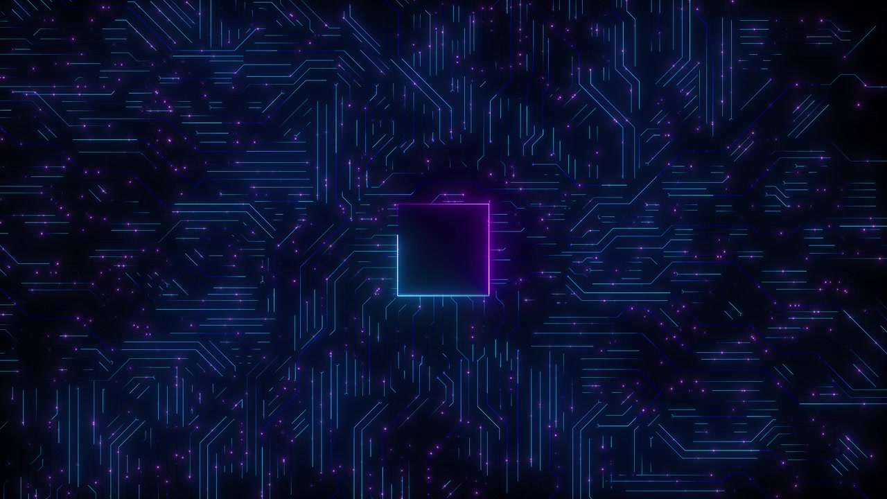 Neon processor circuit board visual with blue and purple lines central glowing chip and dark