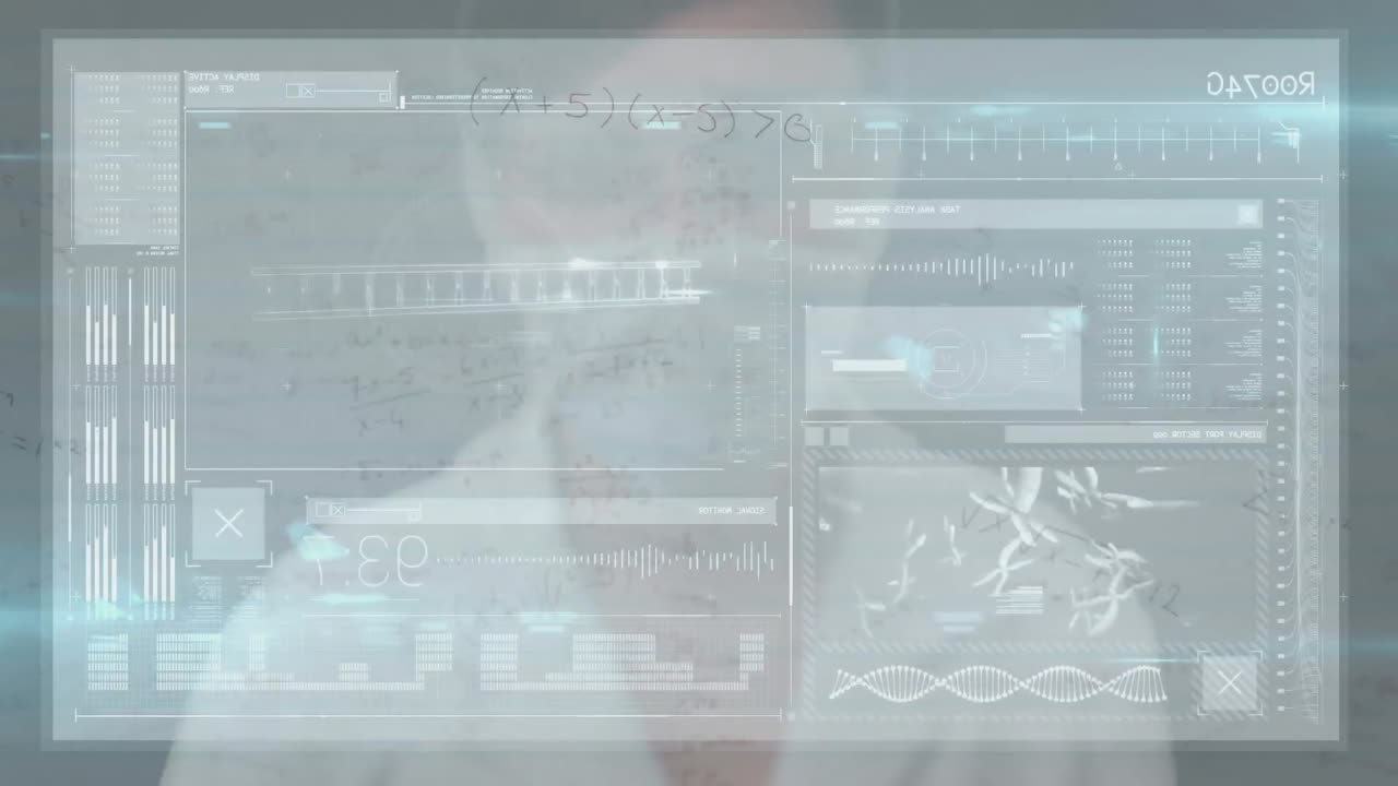 animación de cadenas de adn y números cambiantes, procesamiento de datos médicos en la pantalla