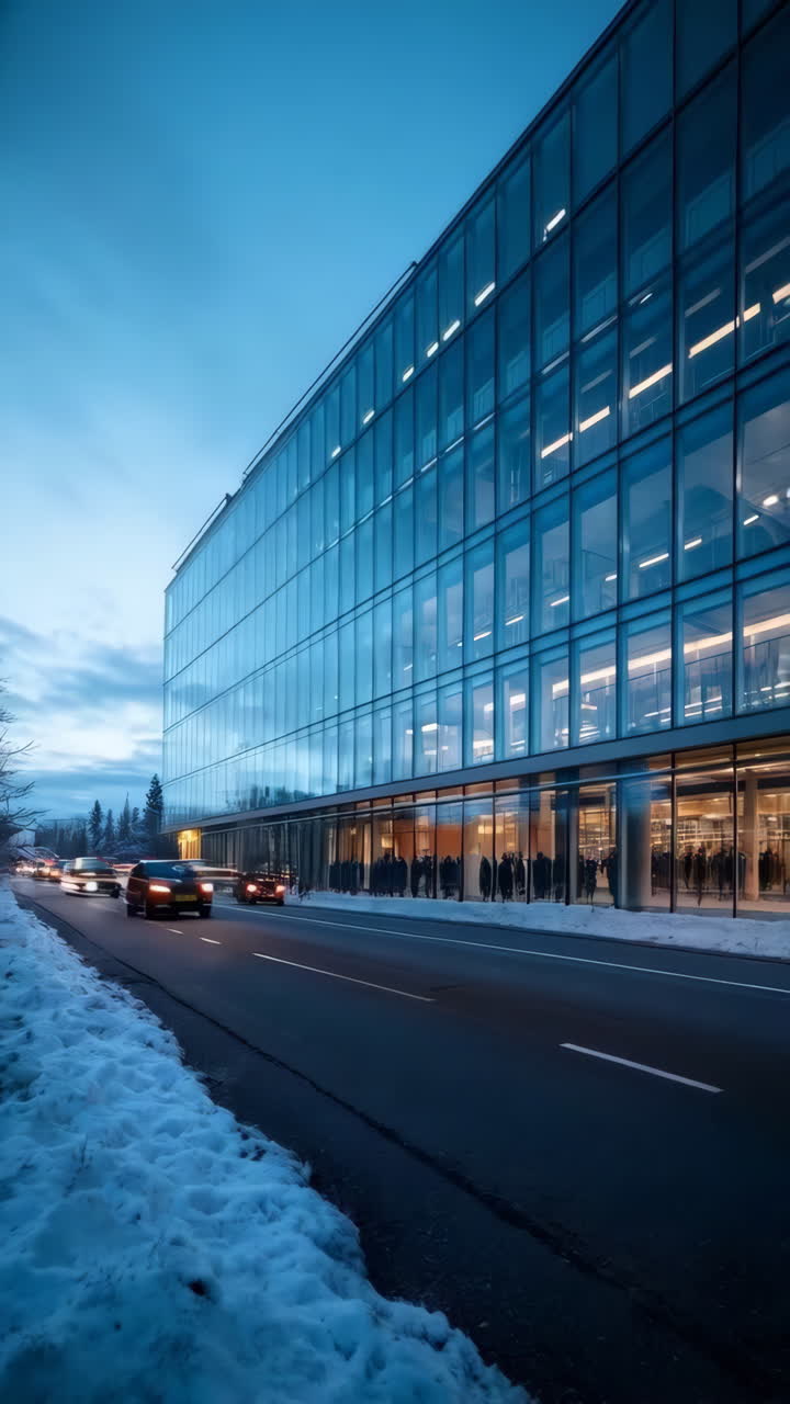 Modern Glass Building and City Street at Twilight with Traffic Light Trails