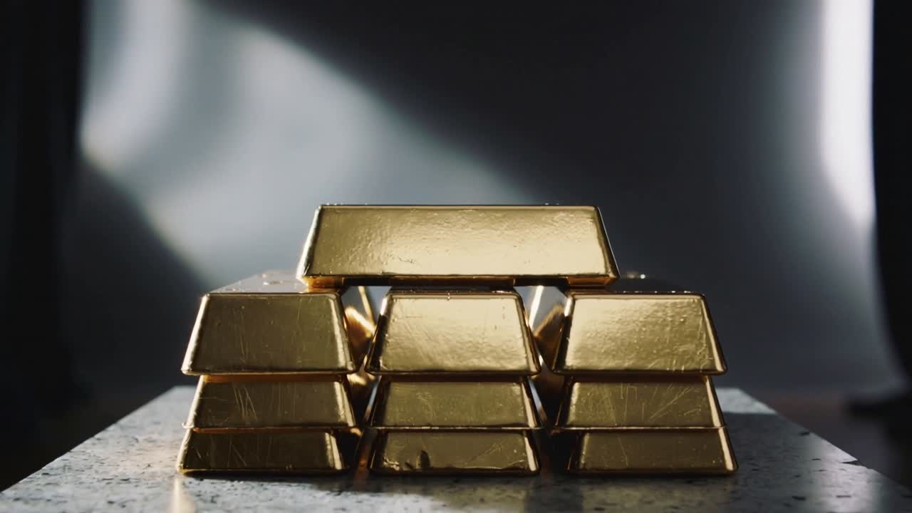 Primo piano su lingotti d'oro impilati che scintillano sotto le luci dello studio, su una lastra di pietra in uno studio con sfondo scuro.