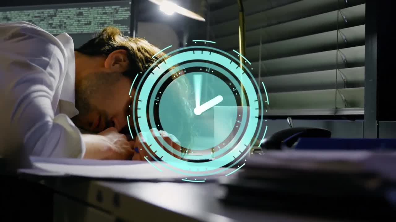 Animation of clock moving fast over businessman sleeping on desk in office