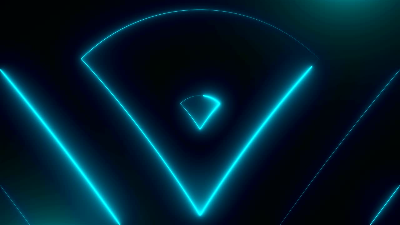 Many neon triangles in space, abstract computer generated backdrop