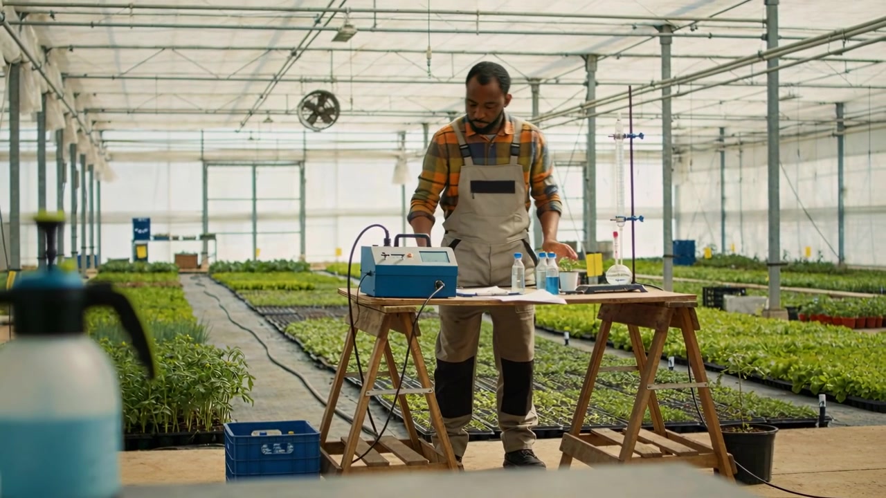 Inspecionando amostra em estufa, técnico de avental preparando, usando béquer e medidor azul para teste.