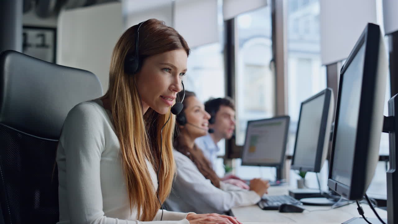 Sales manager consulting online in headset. Call center operator talking client