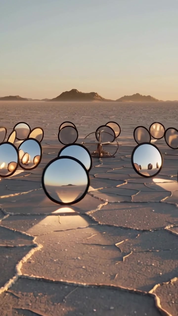 Vertical video: Approaching camera showing mirror array reflecting sun across salt plain, metal rig