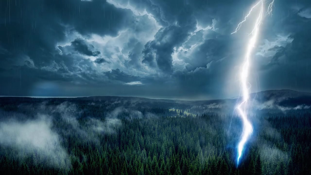Powerful Lightning Strikes a Misty Forest Under Dark Clouds
