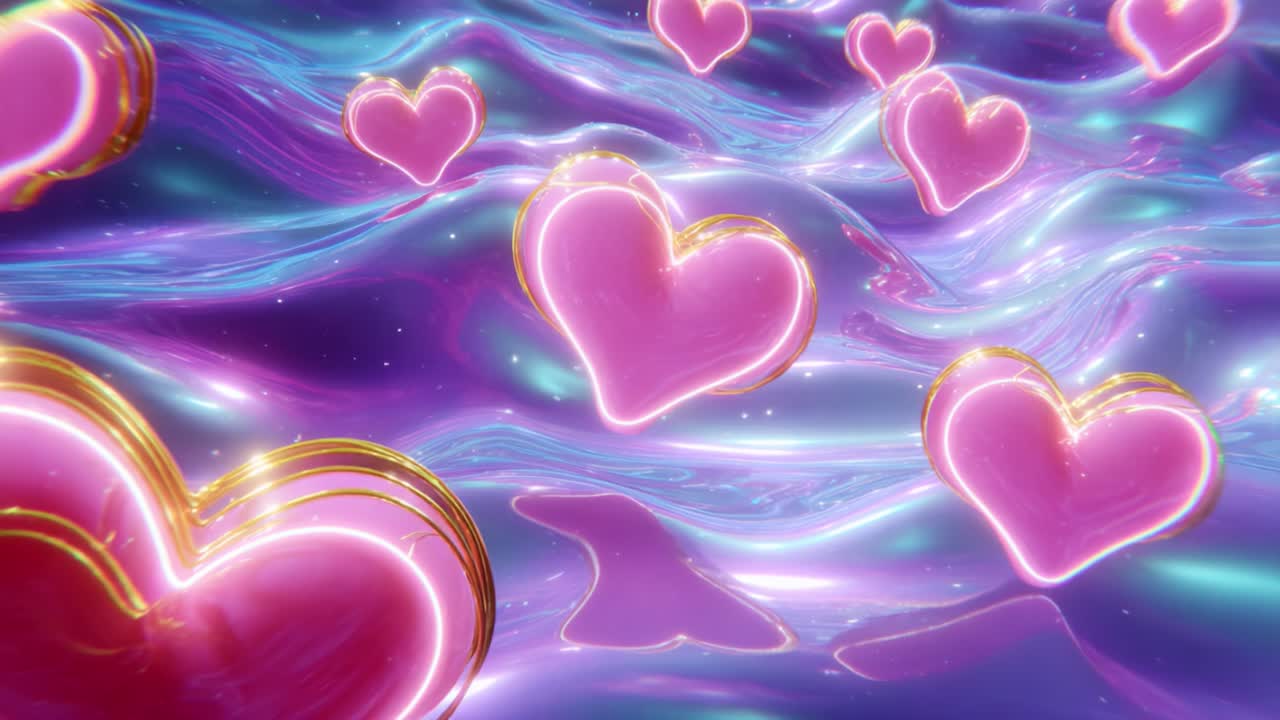 A mesmerizing scene featuring floating pink hearts gliding gracefully through a vibrant, undulating ocean of colorful, glowing waves, capturing the essence of love and affection in a digital art form