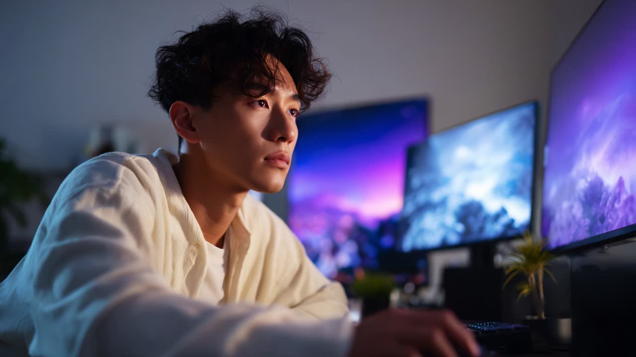 Focused individual immersed in a digital environment, navigating through creative tasks on multiple high-resolution monitors, embodying the essence of modern technology and productivity during nighttime