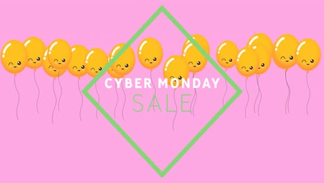 Animation-of-cyber-monday-text-over-yellow-balloons-on-pink-background