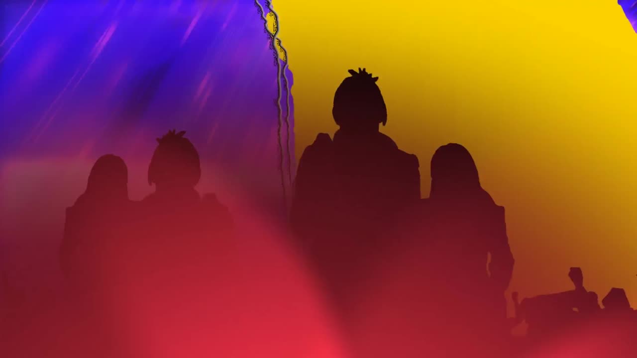 animación de personas bailando, focos rojos moviéndose sobre un fondo amarillo