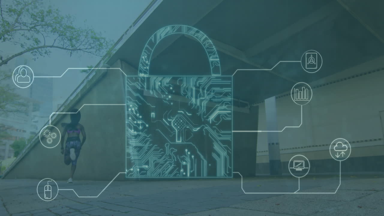 animación de la red de conexiones con candado e íconos sobre mujer biracial corriendo