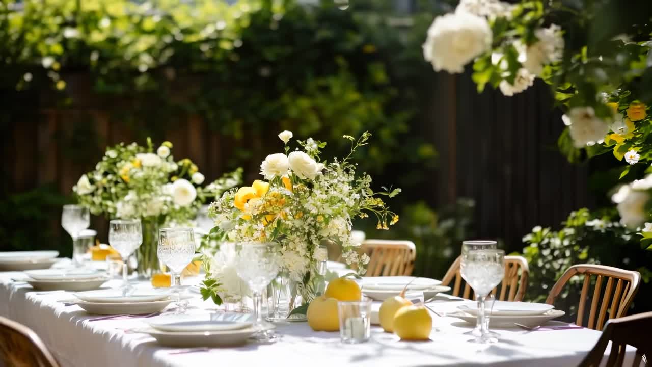 Aerial video view of an elegant outdoor dining table set with flowers and lemons, capturing a sunny