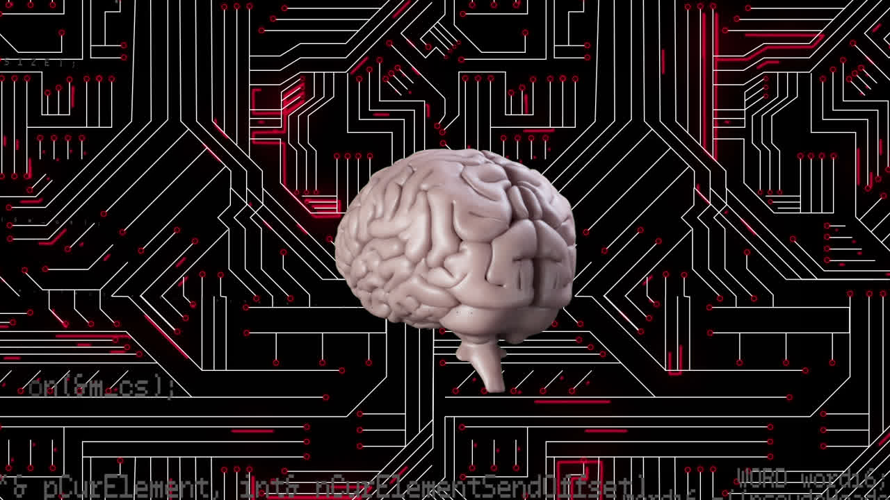 Animation of data processing and digital brain over computer circuit board on black background