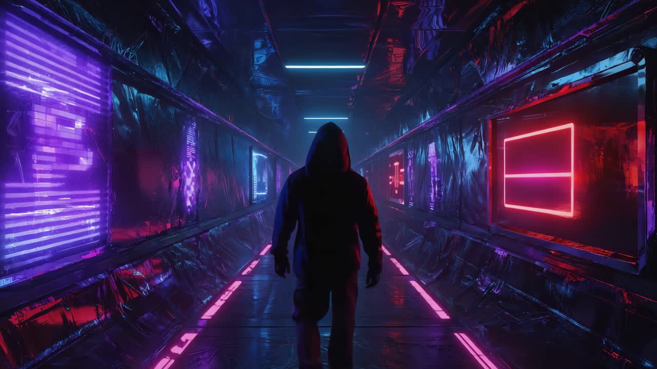 Person Walking Through a Neon Lit Cyberpunk Corridor