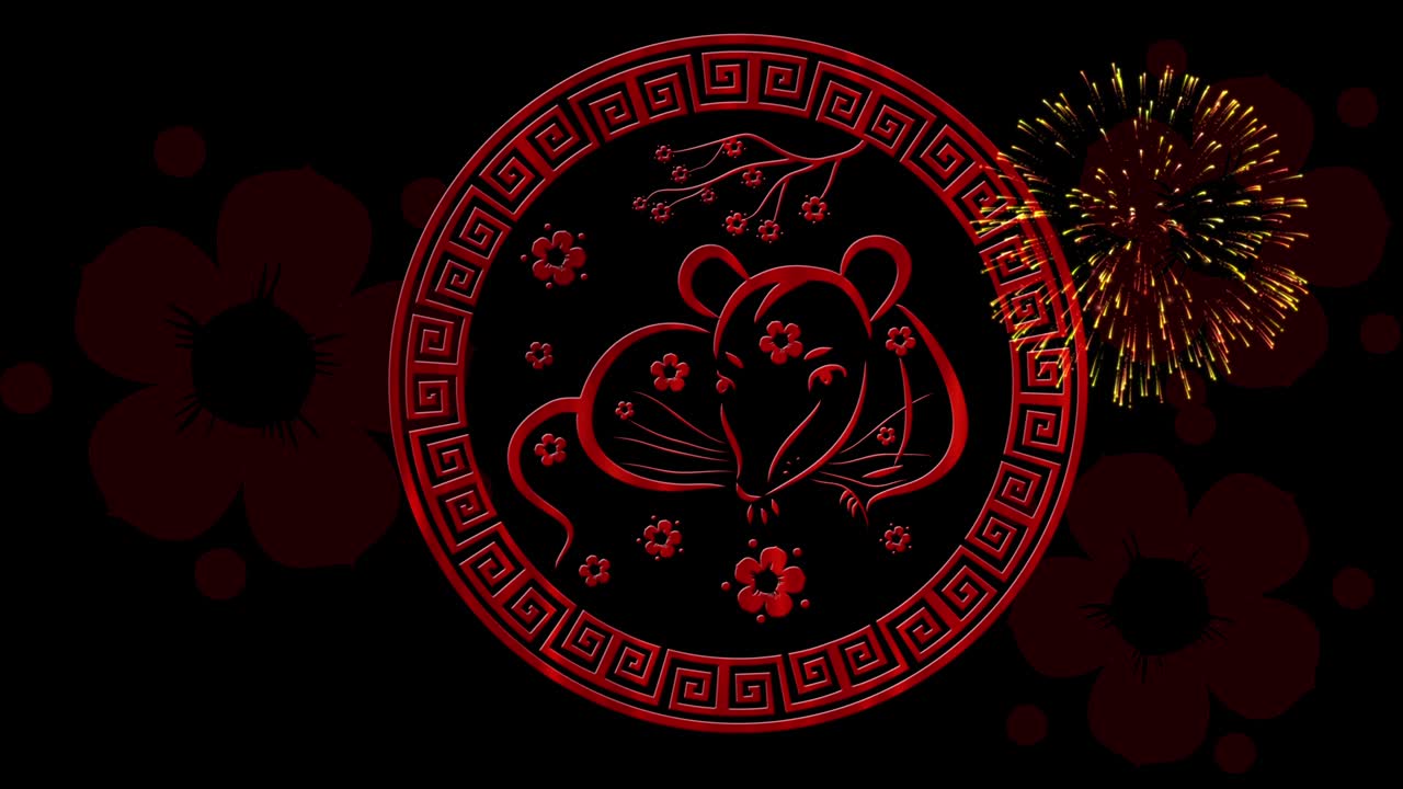 año nuevo lunar, fondo del festival de primavera con símbolo de rata, sakura, fuegos artificiales relucientes. año nuevo chino telón de fondo de la noche mágica negra para el evento de vacaciones animación de renderización 3d. bucle sin costuras video 4k