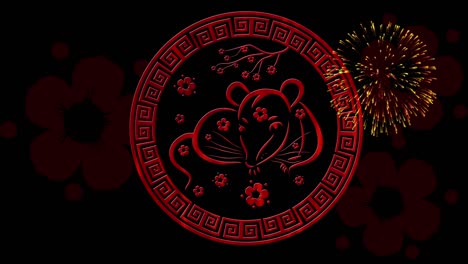 lunar new year, spring festival background with rat simbol, sakura, glittering fireworks. chinese new year black magical night backdrop for holiday event 3d rendering animation. seamless loop 4k video