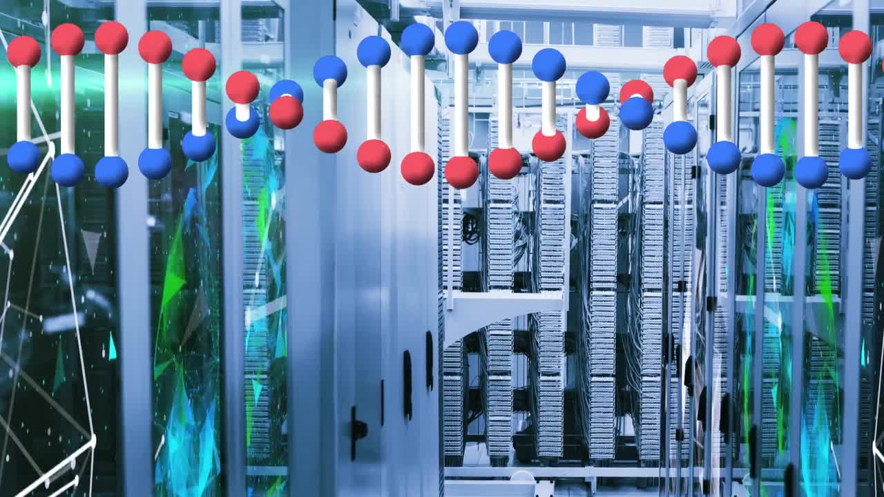 animación de cadenas de adn y formas en la sala del servidor