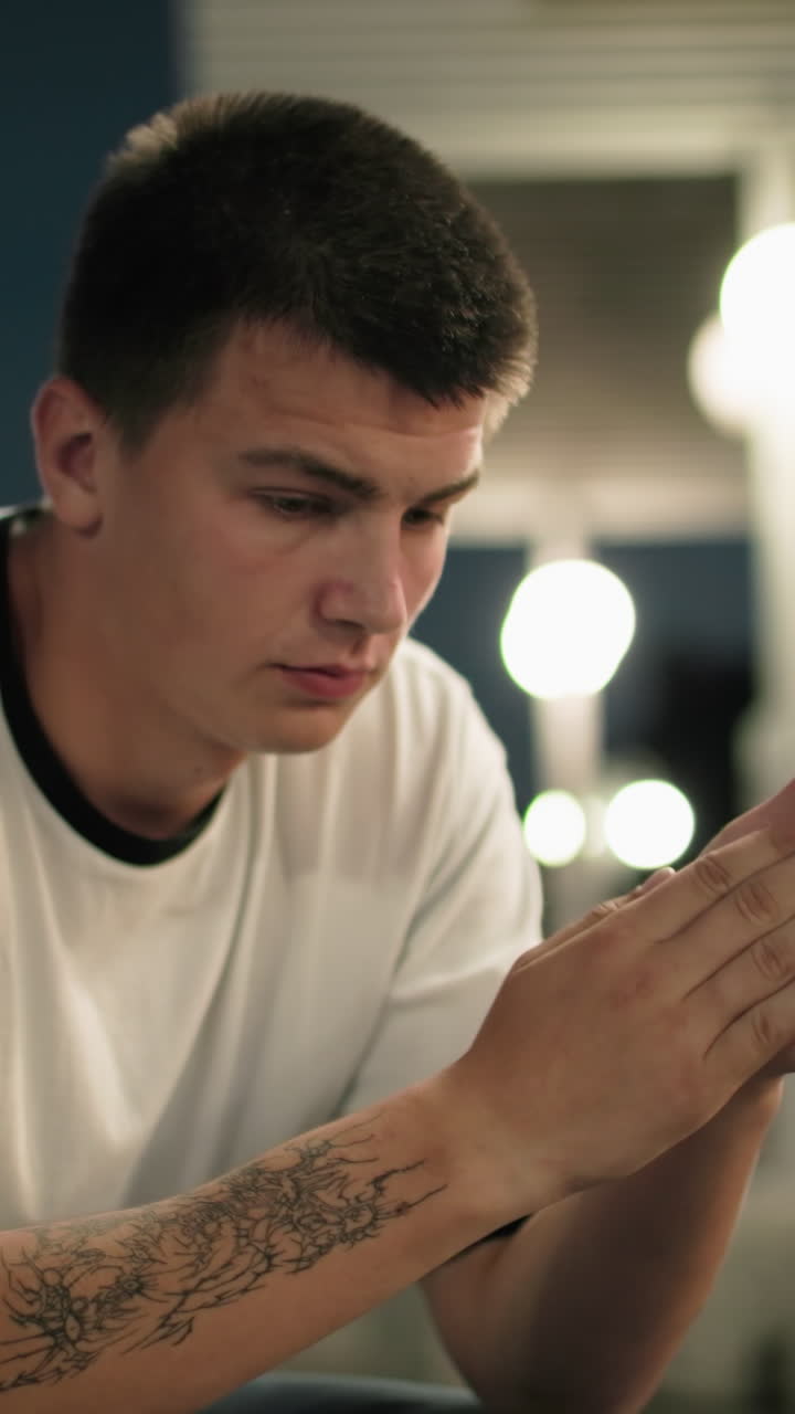 밤에 도시 공원의 벤치에 앉아있는 남자, 손을 함께 압축, 깊은 생각, 흐릿한 보행자와 달의 배경으로 거리 조명에 둘러싸여