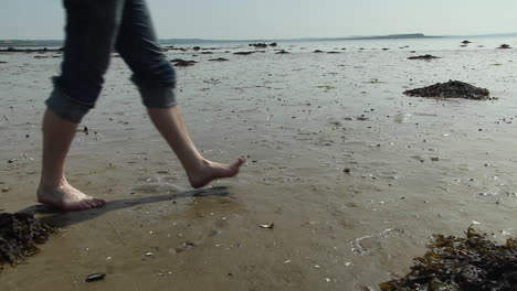 man walking across wet beach bare foot at low tide