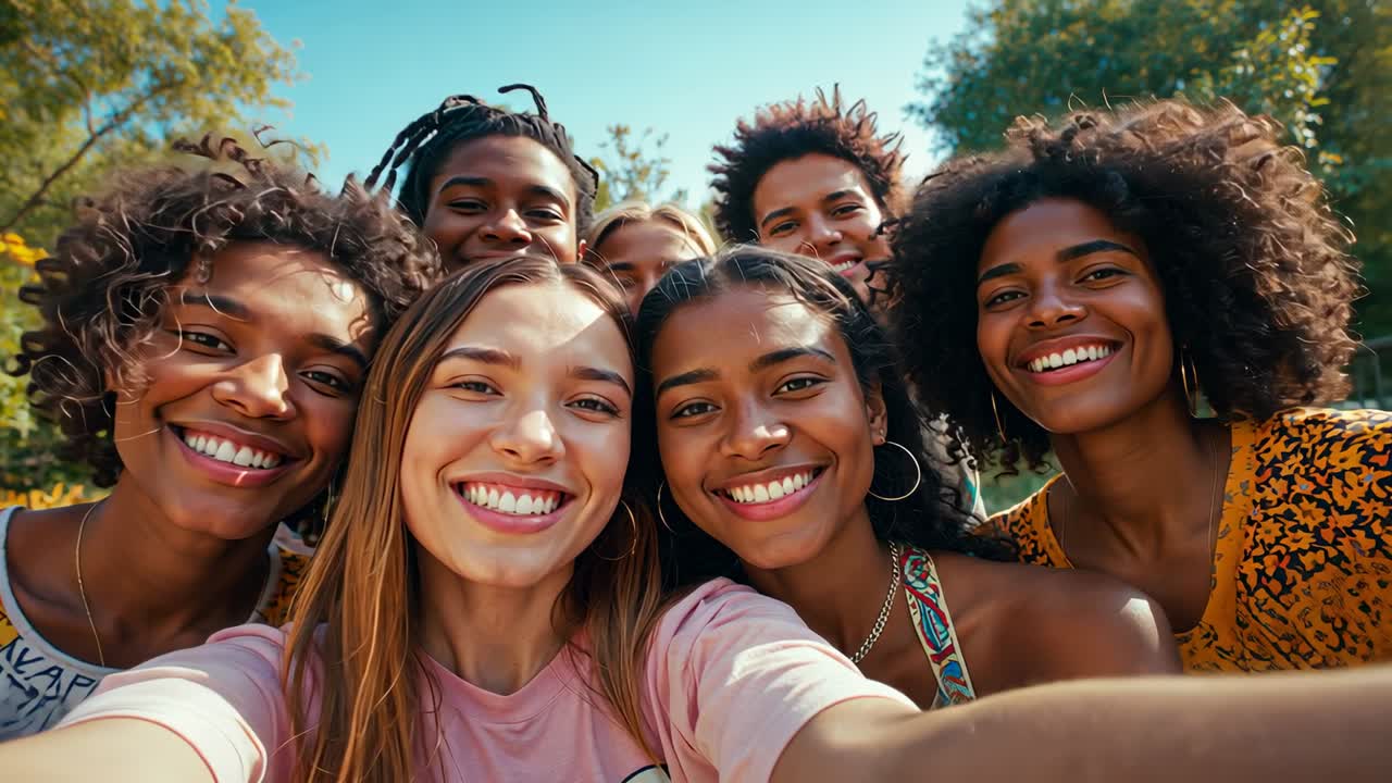 Smiling seven friends tightening faces for selfie after phone prompt at park in summer clothes