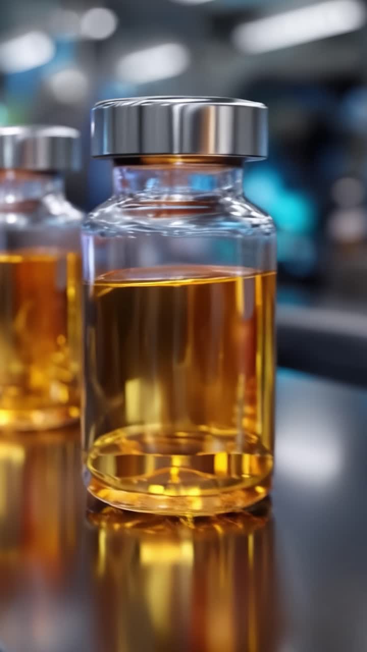 Esposizione di fiale di vetro color ambra piene di liquido che mostrano un'ambientazione di laboratorio, enfatizzando l'innovazione farmaceutica e i progressi della ricerca.