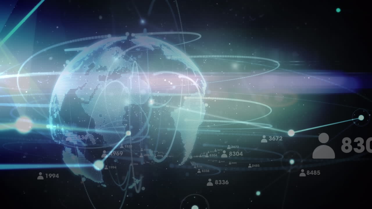 사람들과의 연결 네트워크와 함께 지구의 애니메이션 아이콘과 반 ⁇ 이는 반점