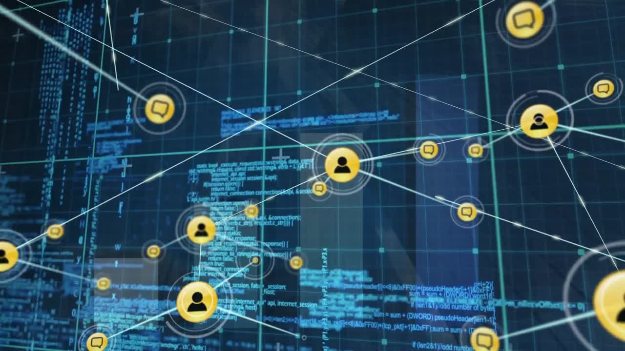 animación de la red de iconos digitales y procesamiento de datos sobre la red de cuadrícula contra un fondo azul
