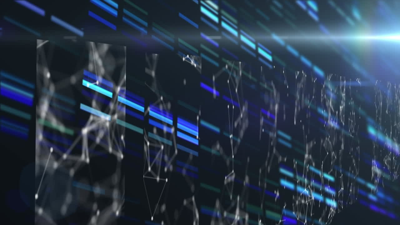 검은색 배경에 연결 네트워크와 움직이는 기둥의 애니메이션