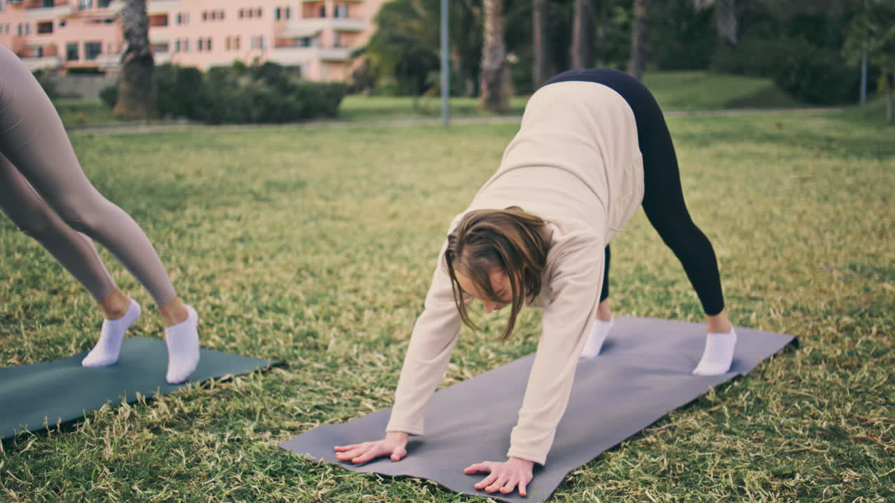chicas yogi estirando el cuerpo en el parque verde. mujeres relajadas realizando asanas de yoga