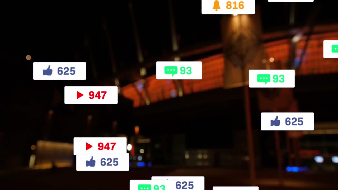 도시 풍경 위의 소셜 미디어 아이콘과 숫자의 애니메이션