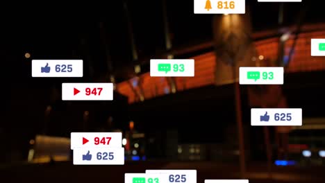 animation of social media icons and numbers over cityscape