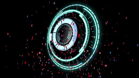 animación de una cerradura circular de caja fuerte que gira sobre confeti colorido que cae sobre un fondo oscuro
