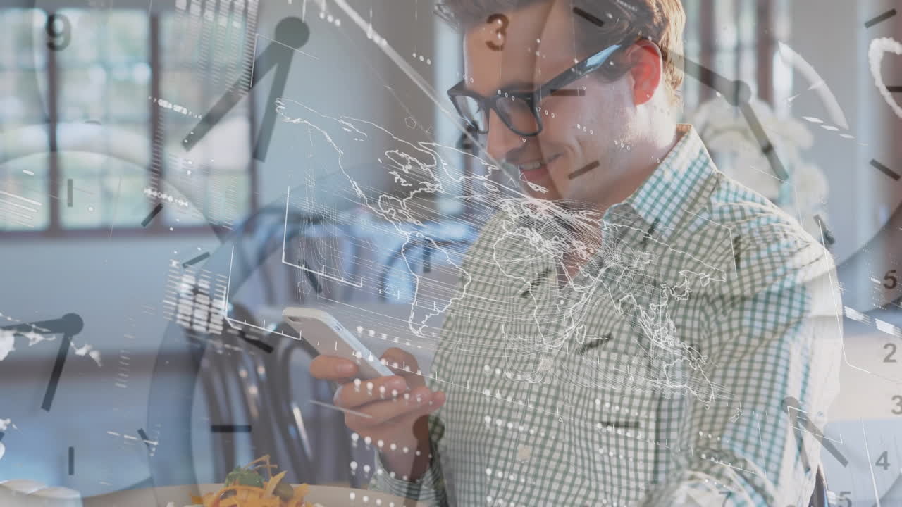 animación de relojes móviles y procesamiento de datos sobre empresario caucásico