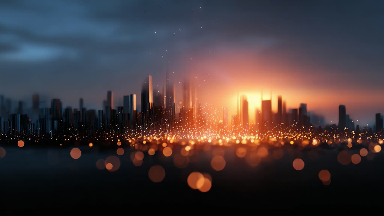 A breathtaking sunset illuminates a vibrant skyline filled with sparkling lights and reflections, creating a mesmerizing atmosphere in an urban landscape