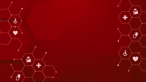 illustrated animated medical icons in a grid of hexagons on a red background. looped motion graphics. copy space.