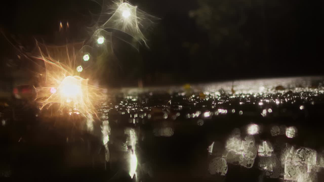 가을의 밤에 비가 내릴 때 은 도로를 달리는 자동차, 물방울이 웅이에 떨어지는 물방울, 나고 위험한 날씨, 낮은 각도 촬영, 예술적 필터 반사 효과