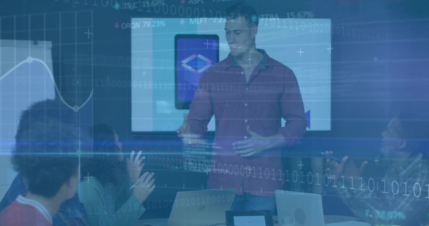 Presenter fading in data overlay and guiding business team through animated charts and note taking