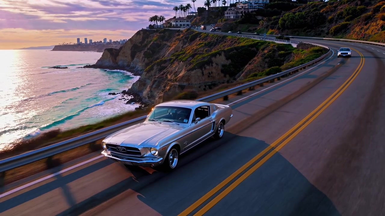 Ford Mustang classica che guida su una strada costiera panoramica al tramonto.